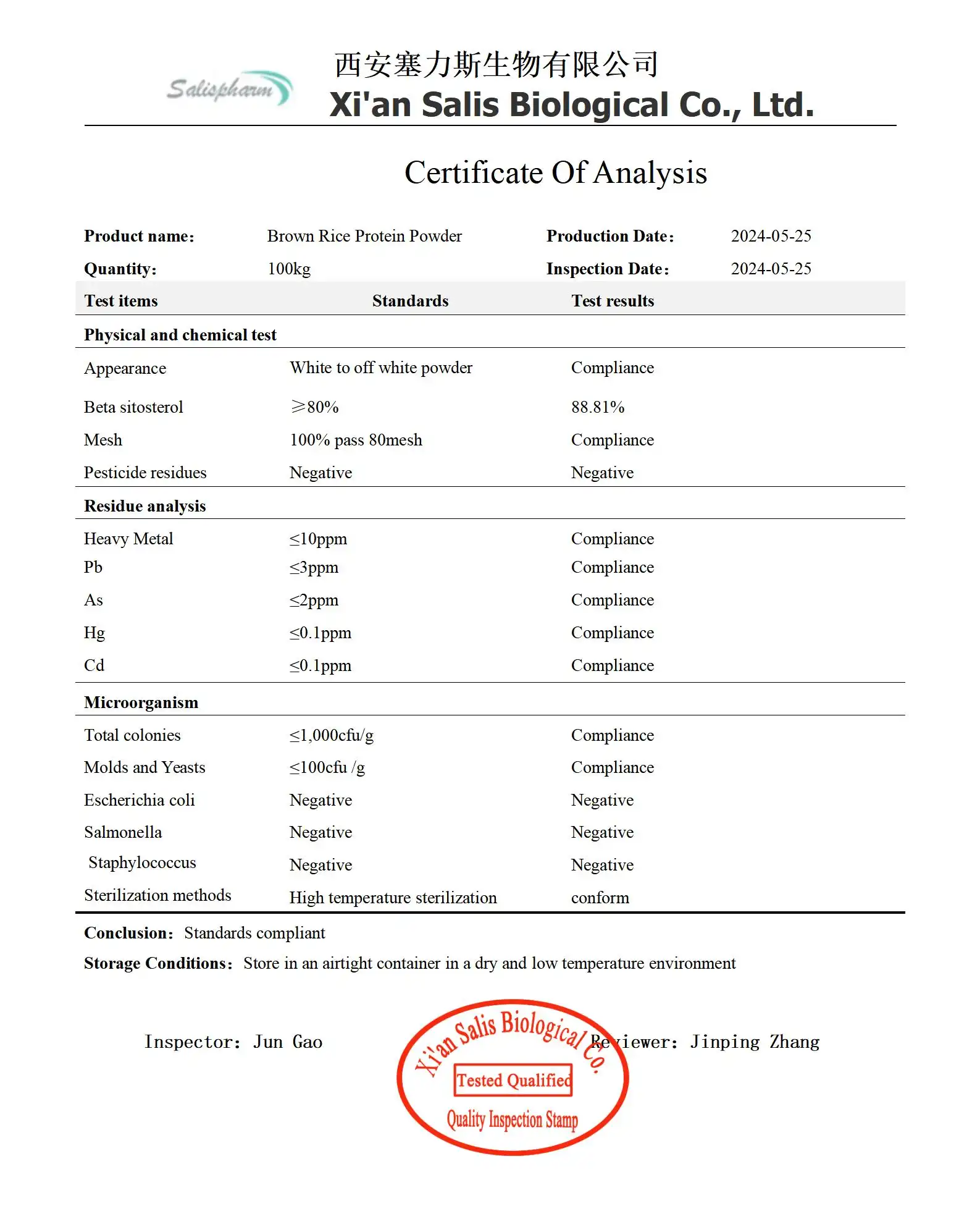 Brown rice protein  COA